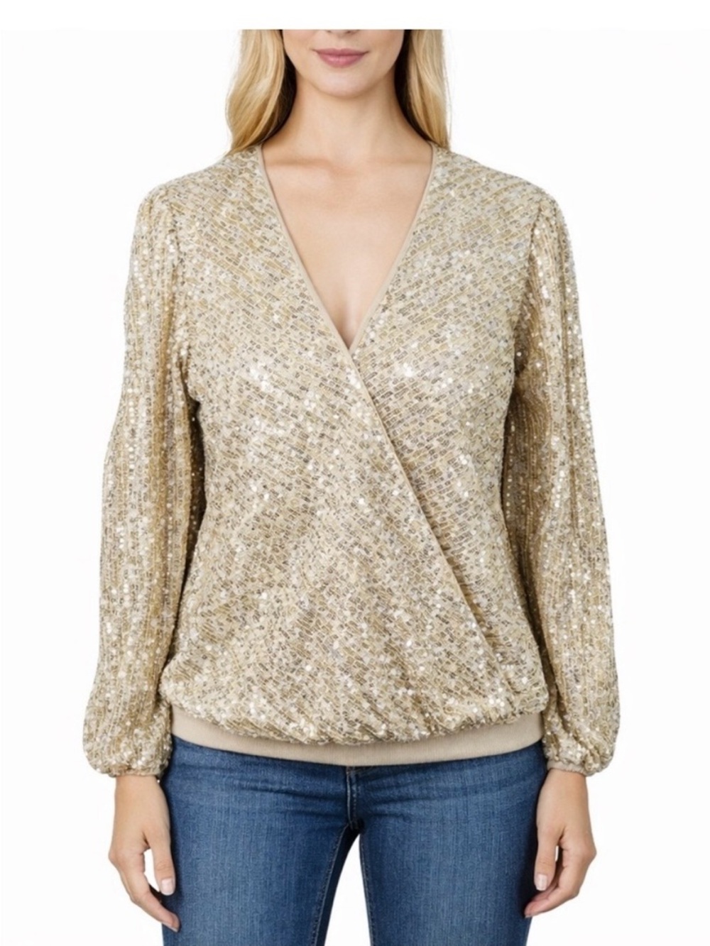 Boston Proper Gold Silver Sequin Embellished Surplice Blouse Size Small
